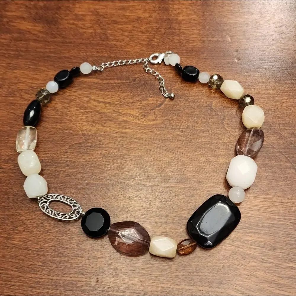 LIA Sophia onyx white and brown stone‎ and glass beaded choker necklace